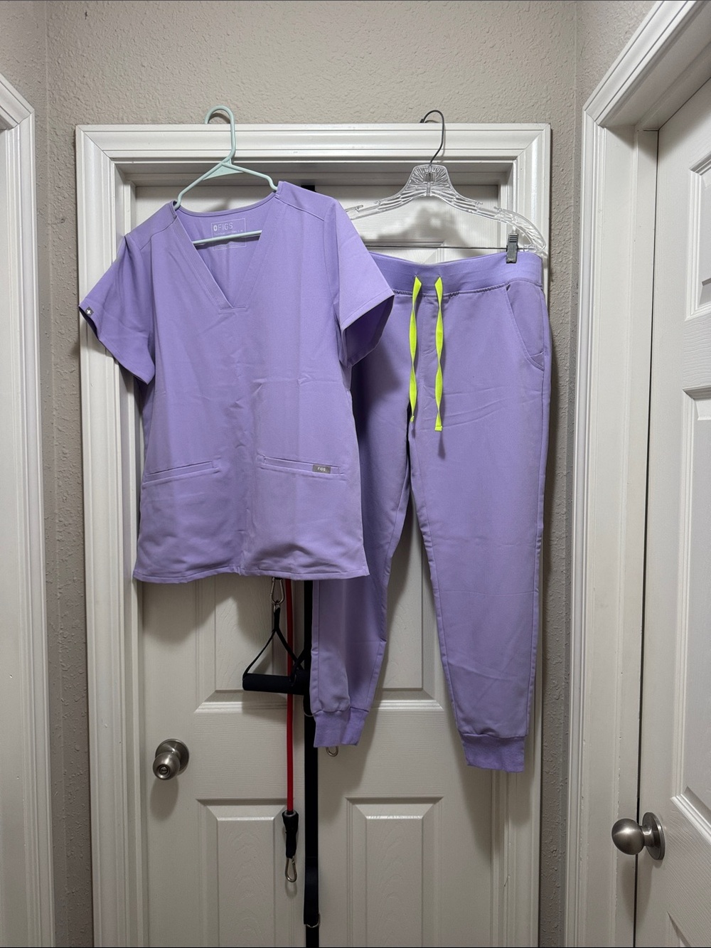 Figs Lavender Scrub Top & Jogger Pants with Neon Drawstring